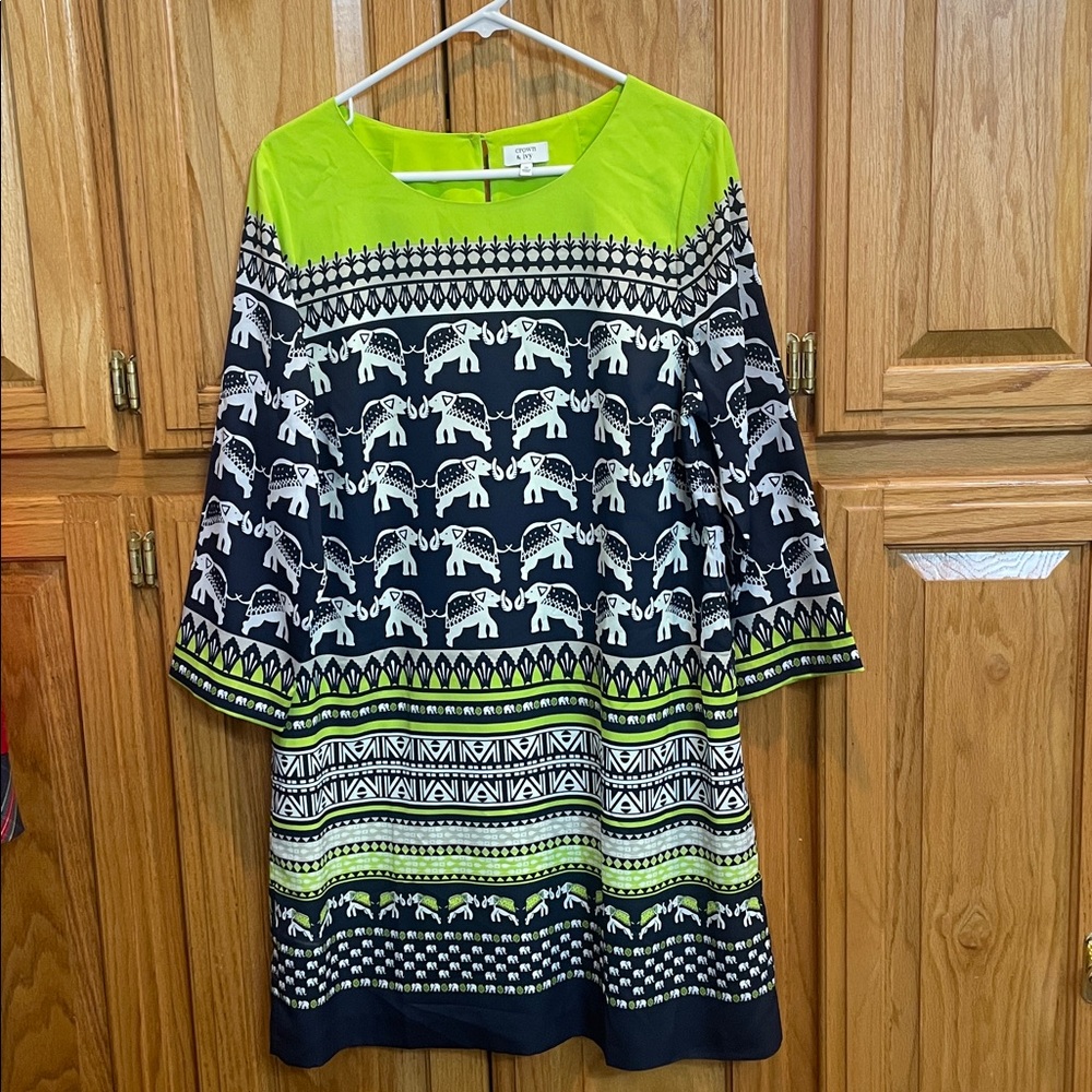 Crown & Ivy Elephant Print Dress with Green and Navy